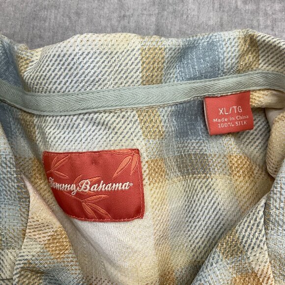 Tommy Bahama‎ Shirt Men XLarge Gray Yellow Plaid Embossed Silk Aloha Tropical - Picture 3 of 8